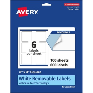 Avery Matte White Removable Square Labels, Sure Feed Technology, Print-to-The-Edge, 3″ x 3″, 150 Removable Labels, Laser/Inkjet Printable(600 labels)