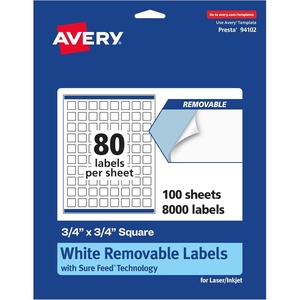Avery Matte White Removable Square Labels, Sure Feed Technology, Print-to-The-Edge, 3/4″ x 3/4″, 1,200 Removable Labels, Laser/Inkjet Printable(8 000 labels)