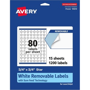 Avery Matte White Removable Star Labels, Sure Feed Technology, Print-to-The-Edge, 0.75″ x 0.75″, 1,200 Removable Labels, Laser/Inkjet Printable(1 200 labels)
