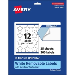 Avery Matte White Removable Star Labels, Sure Feed Technology, Print-to-The-Edge, 2-1/4″ x 2-3/8″, 180 Removable Labels, Laser/Inkjet Printable(300 labels)