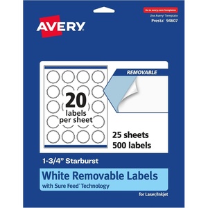Avery Matte White Removable Starburst Labels, Sure Feed Technology, Print-to-The-Edge, 1.75″, 300 Removable Labels, Laser/Inkjet Printable(500 labels)