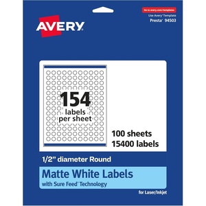 Avery Matte White Round Labels, Sure Feed Technology, 1/2″ Diameter, 3,850 Matte White Printable Labels(15 400 Labels)