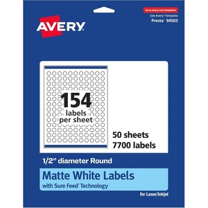 Avery Matte White Round Labels, Sure Feed Technology, 1/2″ Diameter, 3,850 Matte White Printable Labels(7 700 Labels)