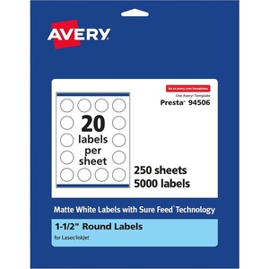 Avery Matte White Round Labels, Sure Feed Technology, 1.5″ Diameter, 500 Matte White Printable Labels(5 000 Labels)