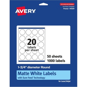 Avery Matte White Round Labels, Sure Feed Technology, 1.75″ Diameter, 500 Matte White Printable Labels(1 000 Labels)
