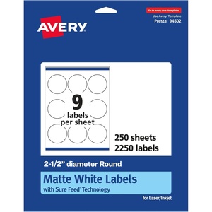 Avery Matte White Round Labels, Sure Feed Technology, 2.5″ Diameter, 225 Matte White Printable Labels(2 250 Labels)