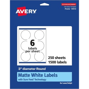 Avery Matte White Round Labels, Sure Feed Technology, 3″ Diameter, 150 Matte White Printable Labels(1 500 Labels)