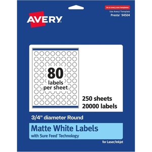 Avery Matte White Round Labels, Sure Feed Technology, 3/4″ Diameter, 2,000 Matte White Printable Labels(20 000 Labels)