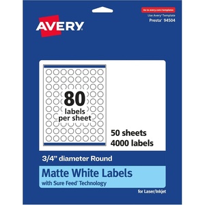 Avery Matte White Round Labels, Sure Feed Technology, 3/4″ Diameter, 2,000 Matte White Printable Labels(4 000 Labels)