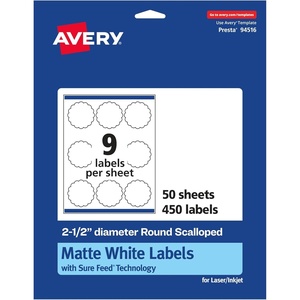 Avery Matte White Round Scalloped Labels, Sure Feed Technology, 2.5″ Diameter, 225 Matte White Printable Labels(450 Labels)