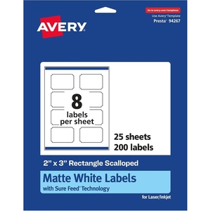 Avery Matte White Scalloped Rectangle Labels, Sure Feed Technology, 2″ x 3″, 200 Matte White Printable Labels(200 Labels)