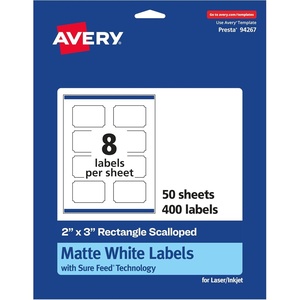 Avery Matte White Scalloped Rectangle Labels, Sure Feed Technology, 2″ x 3″, 200 Matte White Printable Labels(400 Labels)