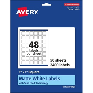 Avery Matte White Square Labels, Sure Feed Technology, 1″ x 1″, 1,200 Matte White Printable Labels(2 400 Labels)