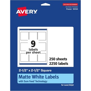 Avery Matte White Square Labels, Sure Feed Technology, 2.5″ x 2.5″, 225 Matte White Printable Labels(2 250 Labels)