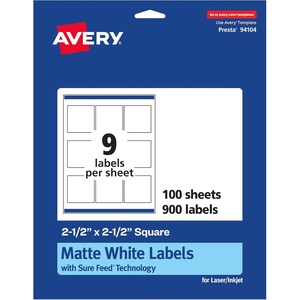 Avery Matte White Square Labels, Sure Feed Technology, 2.5″ x 2.5″, 225 Matte White Printable Labels(900 Labels)