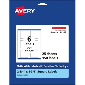 Avery Matte White Square Labels, Sure Feed Technology, 2.75″ x 2.75″, 150 Matte White Printable Labels(150 Labels)