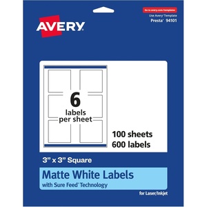 Avery Matte White Square Labels, Sure Feed Technology, 3″ x 3″, 150 Matte White Printable Labels(600 Labels)