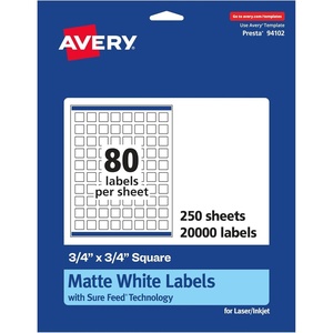 Avery Matte White Square Labels, Sure Feed Technology, 3/4″ x 3/4″, 2,000 Matte White Printable Labels(20 000 Labels)