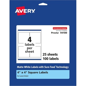 Avery Matte White Square Labels, Sure Feed Technology, 4″ x 4″, 100 Matte White Printable Labels(100 Labels)