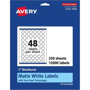 Avery Matte White Starburst Labels, Sure Feed Technology, 1″, 2,400 Matte White Printable Labels(12 000 Labels)