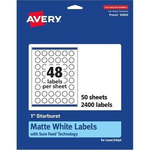 Avery Matte White Starburst Labels, Sure Feed Technology, 1″, 2,400 Matte White Printable Labels(2 400 Labels)