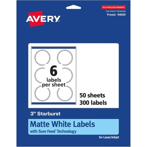 Avery Matte White Starburst Labels, Sure Feed Technology, 3″, 1,500 Matte White Printable Labels(300 Labels)