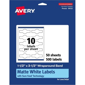 Avery Matte White Wraparound Band Labels, Sure Feed Technology, 1.5″ x 3.5″, Cigar Band Labels, 250 Total, Print-to-The-Edge, Permanent Adhesive, Laser/Inkjet Printable(500 labels)