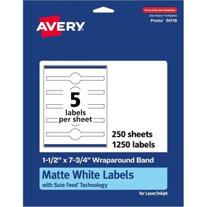 Avery Matte White Wraparound Band Labels, Sure Feed Technology, 1.5″ x 7.75″, Cigar Band Labels, Print-To-The-Edge, Permanent Adhesive, Laser/Inkjet Printable, 125 Total(1 250 labels)