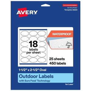 Avery Outdoor Waterproof Oval Labels with Sure Feed Technology, 1.5″ x 2.5″, White Film, Compatible with Laser Printers, 450 Labels Total, Great for Product Branding, Packaging, and More(450 labels)