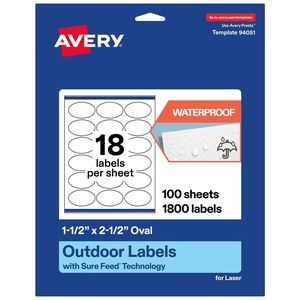 Avery Outdoor Waterproof Oval Labels with Sure Feed Technology, 1.5″ x 2.5″, White Film, Compatible with Laser Printers, 450 Labels Total, Great for Product Branding, Packaging, and More(1 800 labels)