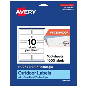 Avery Outdoor Waterproof Rectangle Labels with Sure Feed Technology, 1.5″ x 3.75″, White Film, Print-to-the-Edge, Compatible with Laser Printers, 500 Labels Total(1 000 labels)