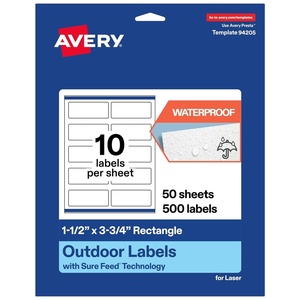 Avery Outdoor Waterproof Rectangle Labels with Sure Feed Technology, 1.5″ x 3.75″, White Film, Print-to-the-Edge, Compatible with Laser Printers, 500 Labels Total(500 labels)