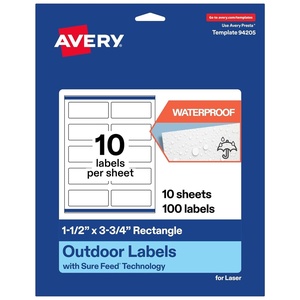 Avery Outdoor Waterproof Rectangle Labels with Sure Feed Technology, 1.5″ x 3.75″, White Film, Print-to-the-Edge, Compatible with Laser Printers, 500 Labels Total(100 labels)