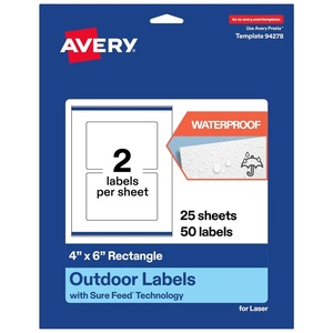 Avery Outdoor Waterproof Rectangle Labels with Sure Feed Technology, 4″ x 6″, White Film, Print-to-The-Edge, Compatible with Laser Printers, 50 Labels Total(50 labels)