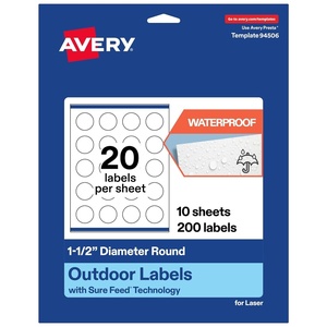 Avery Outdoor Waterproof Round Labels with Sure Feed Technology, 1.5″ Diameter, White Film, Print-to-the-Edge, Compatible with Laser Printers, 1000 Labels Total(200 labels)