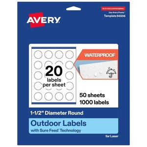 Avery Outdoor Waterproof Round Labels with Sure Feed Technology, 1.5″ Diameter, White Film, Print-to-the-Edge, Compatible with Laser Printers, 1000 Labels Total(1 000 labels)