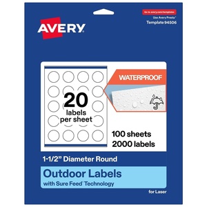Avery Outdoor Waterproof Round Labels with Sure Feed Technology, 1.5″ Diameter, White Film, Print-to-the-Edge, Compatible with Laser Printers, 1000 Labels Total(2 000 labels)