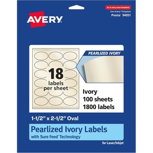 Avery Pearlized Ivory Oval Labels, Sure Feed Technology, 1.5″ x 2.5″, 180 Pearlized Ivory Labels, Laser/Inkjet Printable(1 800 labels)