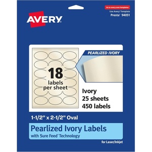 Avery Pearlized Ivory Oval Labels, Sure Feed Technology, 1.5″ x 2.5″, 180 Pearlized Ivory Labels, Laser/Inkjet Printable(450 labels)