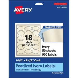 Avery Pearlized Ivory Oval Labels, Sure Feed Technology, 1.5″ x 2.5″, 180 Pearlized Ivory Labels, Laser/Inkjet Printable(900 labels)