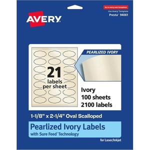 Avery Pearlized Ivory Oval Scalloped Labels, Sure Feed Technology, Print-to-The-Edge, 1-1/8″ x 2-1/4″, 210 Pearlized Ivory Labels, Laser/Inkjet Printable(2 100 labels)