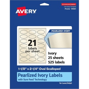 Avery Pearlized Ivory Oval Scalloped Labels, Sure Feed Technology, Print-to-The-Edge, 1-1/8″ x 2-1/4″, 210 Pearlized Ivory Labels, Laser/Inkjet Printable(525 labels)