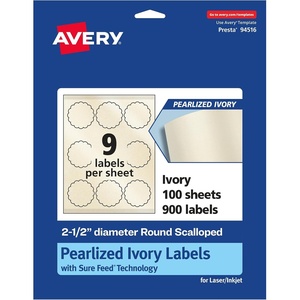 Avery Pearlized Ivory Round Scalloped Labels, Sure Feed Technology, Print-to-The-Edge, 2.5″ Diameter, 225 Pearlized Ivory Labels, Laser/Inkjet Printable(900 labels)