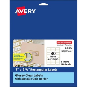 Avery Printable Address Labels, 1″ x 2-5/8″, Matte White with Metallic Gold Borders, Permanent, Laser & Inkjet Compatible, 300 Blank Mailing Labels, Great for Weddings, Favors, and More (6507)(Glossy Clear Gold Borders)