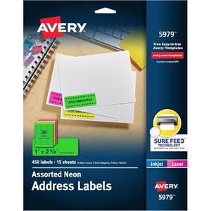 Avery Printable Address Labels with Sure Feed, 1″ x 2-5/8″, Assorted Neon Colors (Magenta, Green and Yellow), Laser & Inkjet Compatible, 450 Blank Labels Total (5979)(Assorted)