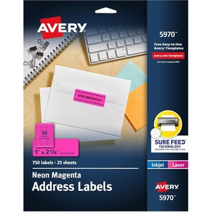Avery Printable Address Labels with Sure Feed, 1″ x 2-5/8″, Assorted Neon Colors (Magenta, Green and Yellow), Laser & Inkjet Compatible, 450 Blank Labels Total (5979)(Neon Magenta)