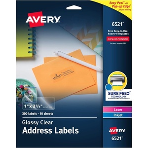Avery Printable Address Labels with Sure Feed, 1″ x 2-5/8″, Glossy Clear, 300 Blank Mailing Labels for Laser and Inkjet Printers (6521)(1″ x 2-5/8″ (Pack of 5))