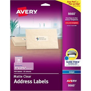 Avery Printable Address Labels with Sure Feed Technology, 1″ x 2-5/8″, Matte Clear, Compatible with Inkjet Printers, 750 Blank Labels Total, Great for Mailing, Branding, and More (8660)(1 x 2 5/8 (Pack of 5))