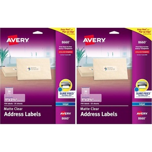 Avery Printable Address Labels with Sure Feed Technology, 1″ x 2-5/8″, Matte Clear, Compatible with Inkjet Printers, 750 Blank Labels Total, Great for Mailing, Branding, and More (8660)(1 in. X 2-5/8 in. (Pack of 2))