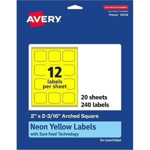 Avery Printable Arched Square Labels, Sure Feed Technology, 2″ x 2-3/16″, Neon Yellow Labels, Print-To-The-Edge, Laser/Inkjet Printable, 240 Total, Great for Cosmetics and Soaps